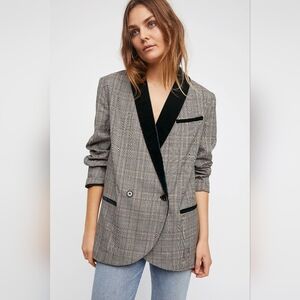 Free People Velvet Trim Plaid Front Button Closure Oversized Blazer Jacket